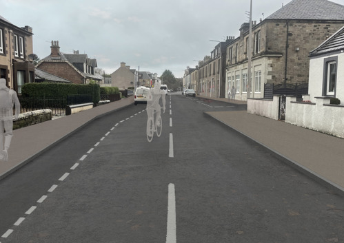 An image of Station Road in Windygates showing a visualisation of a cyclist on a road.