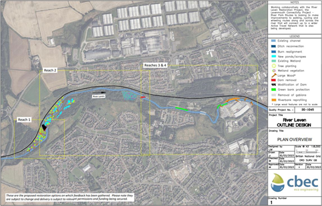 A map of the project boundary with a key on the right hand side listing the interventions which are shown on the map.